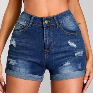 Boho distressed blue denim jeans shorts